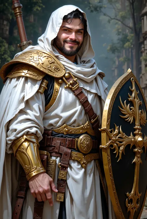 {Jack Black} ,best quality, perfect face, friendly smile, very short black hair, {white hooded}, {{wearing white gold light-armor}}, full body ,{one hand empty}, {{have shield covering half body}}, dungeons and dragons cleric like character, man, (perfect ...