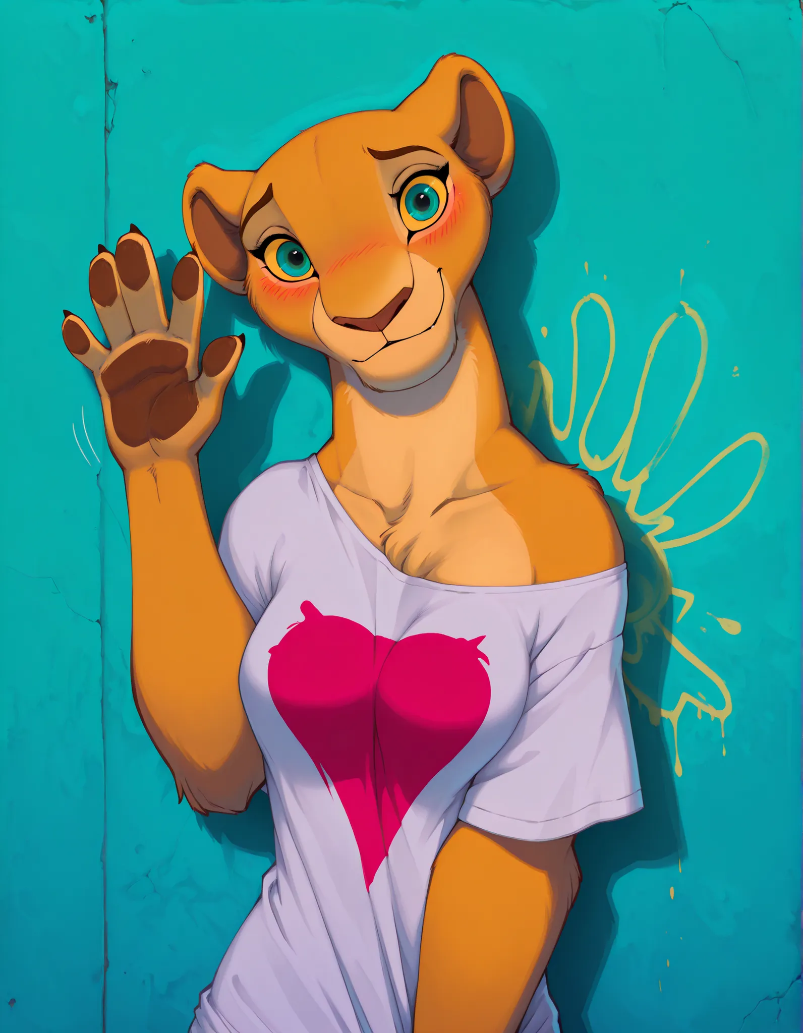 solo, lioness, tidied oversized tshirt one shoulder showing ,vibrant abstract, graffiti style, with bold colors and street art, looking at viewer, embarrassed, blush, covering self, (happy:0.5), medium breasts, waving, head tilt, (wink:0.6), nervous smile,...