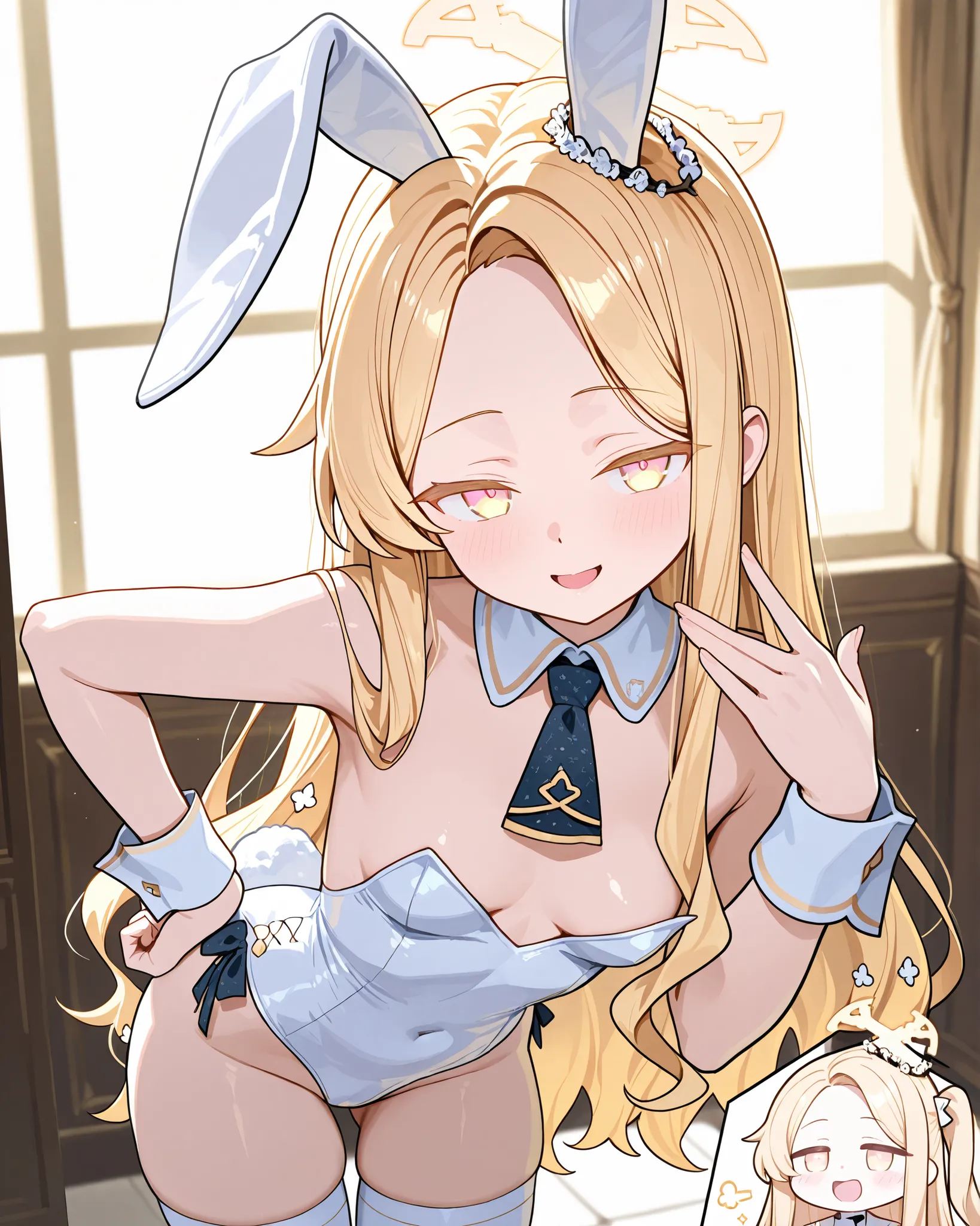 Sexy Girl, Yurizono Seia from Blue Archive wearing a black chinese outfit, blonde hair,  yellow eyes , Small breasts, ludicrous poses, arrogant facial expression, beautiful eyes sensory, sexy pose by Majo no Tabitabi is seductive, Rabbit Girl Cosplay