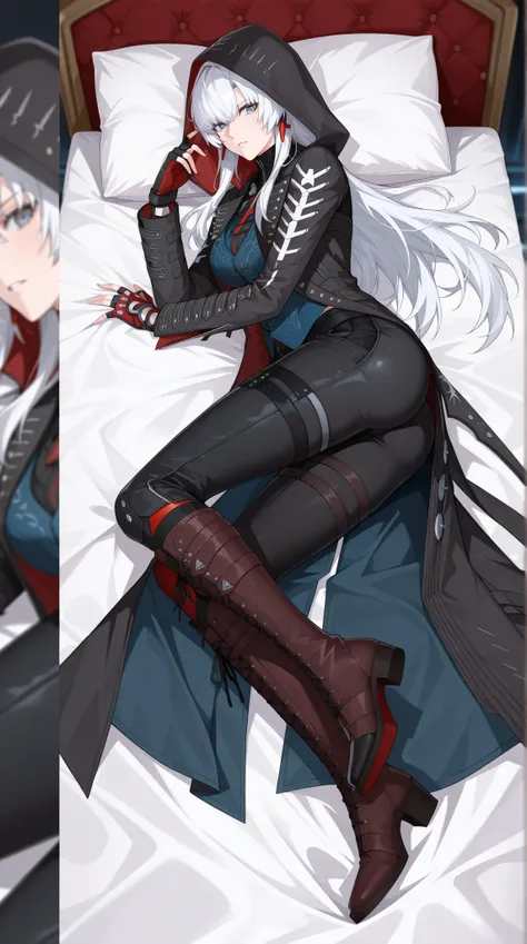 (pretty girl:1.3), 1 girl, (long hair, white hair with a red gradient, bangs, eye hair), lucia crimson wawe (punishing: gray raven), 
( Clothes: vergil Devil may cry 5, black trench coat with pale blue embroidery without hood, yellow lining, tattered edges...