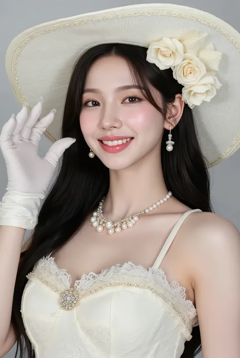 A muscle plump blonde woman with long, smooth straight dark hair wearing an elegant white outfit with intricate lace detailing around the neckline. She has on a large white hat adorned with white roses, white gloves, and pearl-embellished accessories, incl...