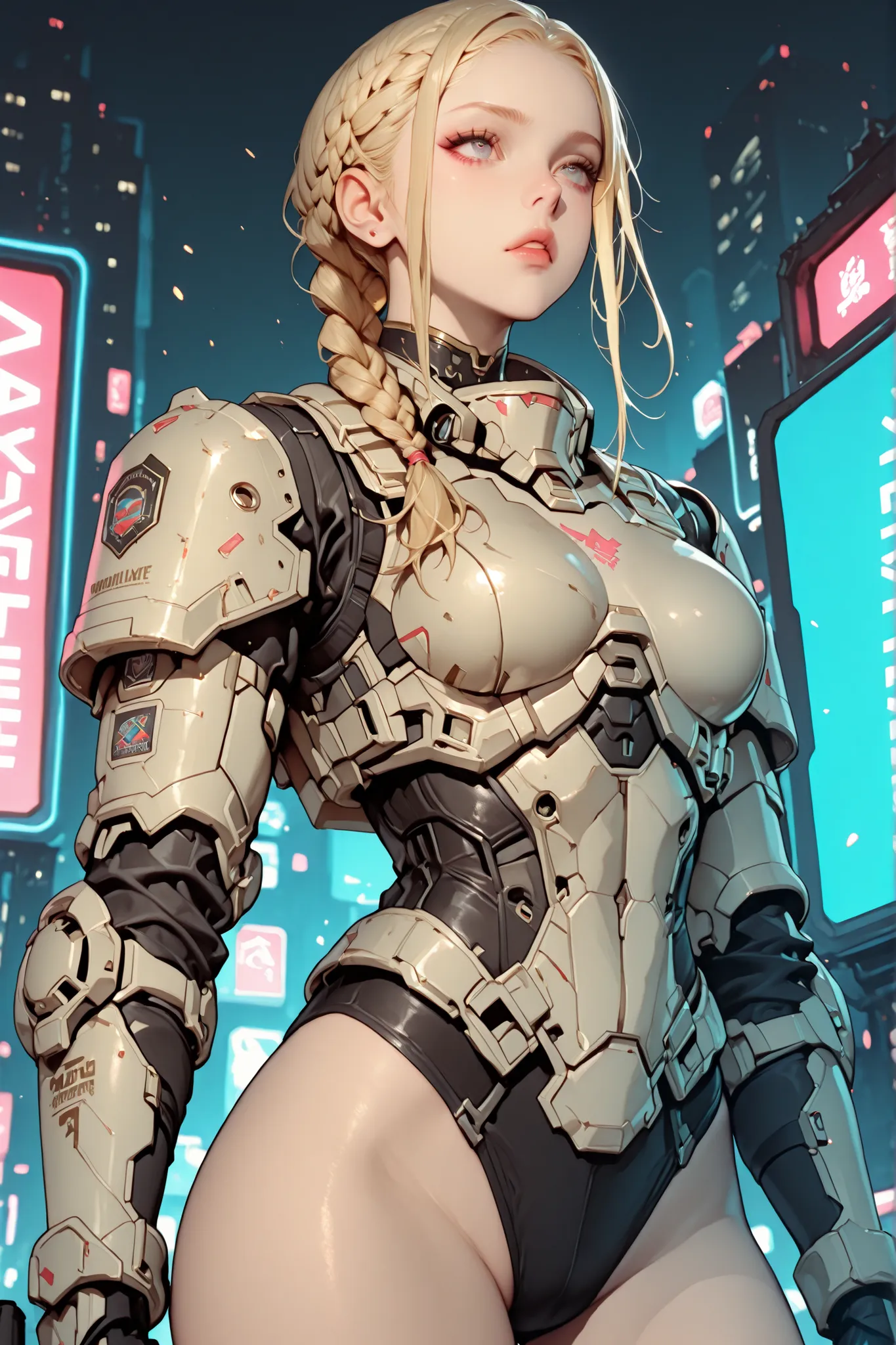 beautiful hot valkyrie with 1 long blonde hair (braided) in hyperrealist & hyperdetalied cyberpunk combat armor battle