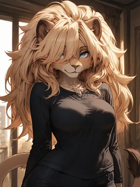 1girl, furry female, lion ears, lion girl, lion tail, medium breasts, blonde hair, long hair, black shirt, solo, black pants, hair over eye, blue eyes, wide hips, wild hair, wild hair, big hair, 
