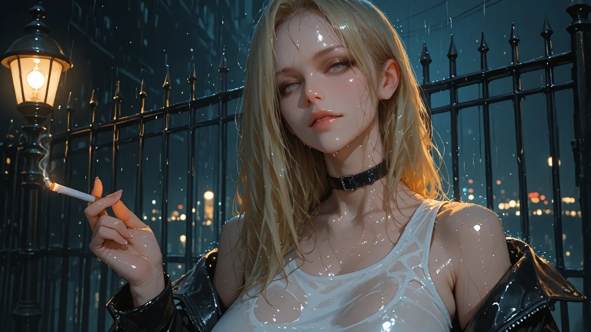 ultra-detailed, 16k, emphasizing ultra-fine details, upper body only, front view. A woman in her 30s with long wet blonde hair and sharp, defined facial features, cool and confident aura. Thin lips, holding a lit cigarette between them. Her eyes are lookin...