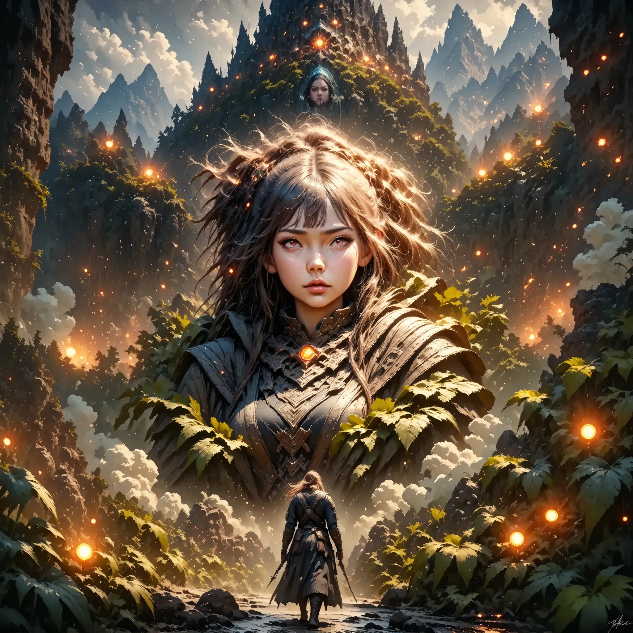 a detailed, intricate, photorealistic, cinematic portrait of figures, masterfully rendered, with a sense of movement and emotion, set against a dramatic, atmospheric, and immersive fantasy landscape, featuring lush vegetation, towering mountains, and a moo...