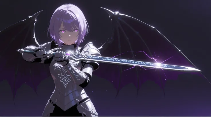 one girl,  is the side of the band :1.2, whole body ,Yuutenji Nyamu, Ave Mujica, short hair, purple hair, wearing silver and purple armor etched with flickering runes, eyes glowing with weird light, big devil wings, wielding a morphing daemonic sword, stan...