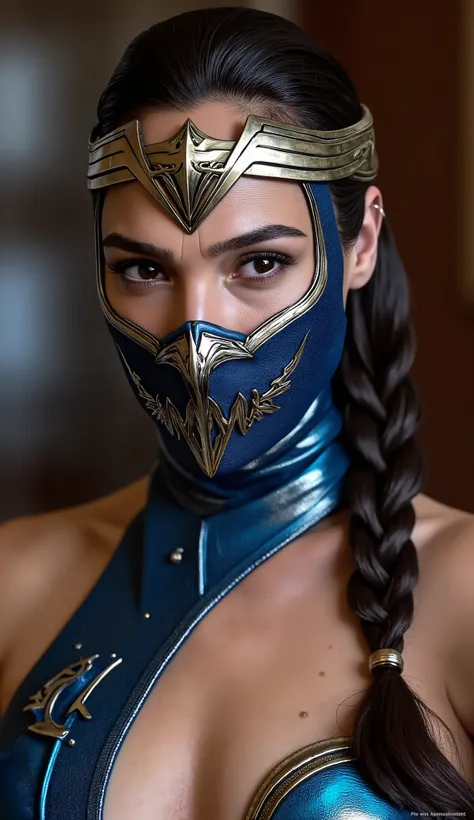 Make Gal Gadot hyperrealistic dressed as Kitana with a blue metal mask in a luxurious place hyperrealistic background, upper body in 8k
