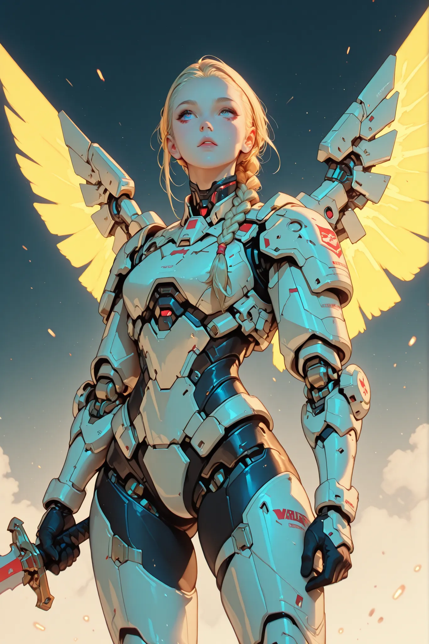 beautiful hot valkyrie with 1 long blonde hair (braided) in hyperrealist & hyperdetalied cyberpunk combat armor battle, mechanichal wings, sword & shield