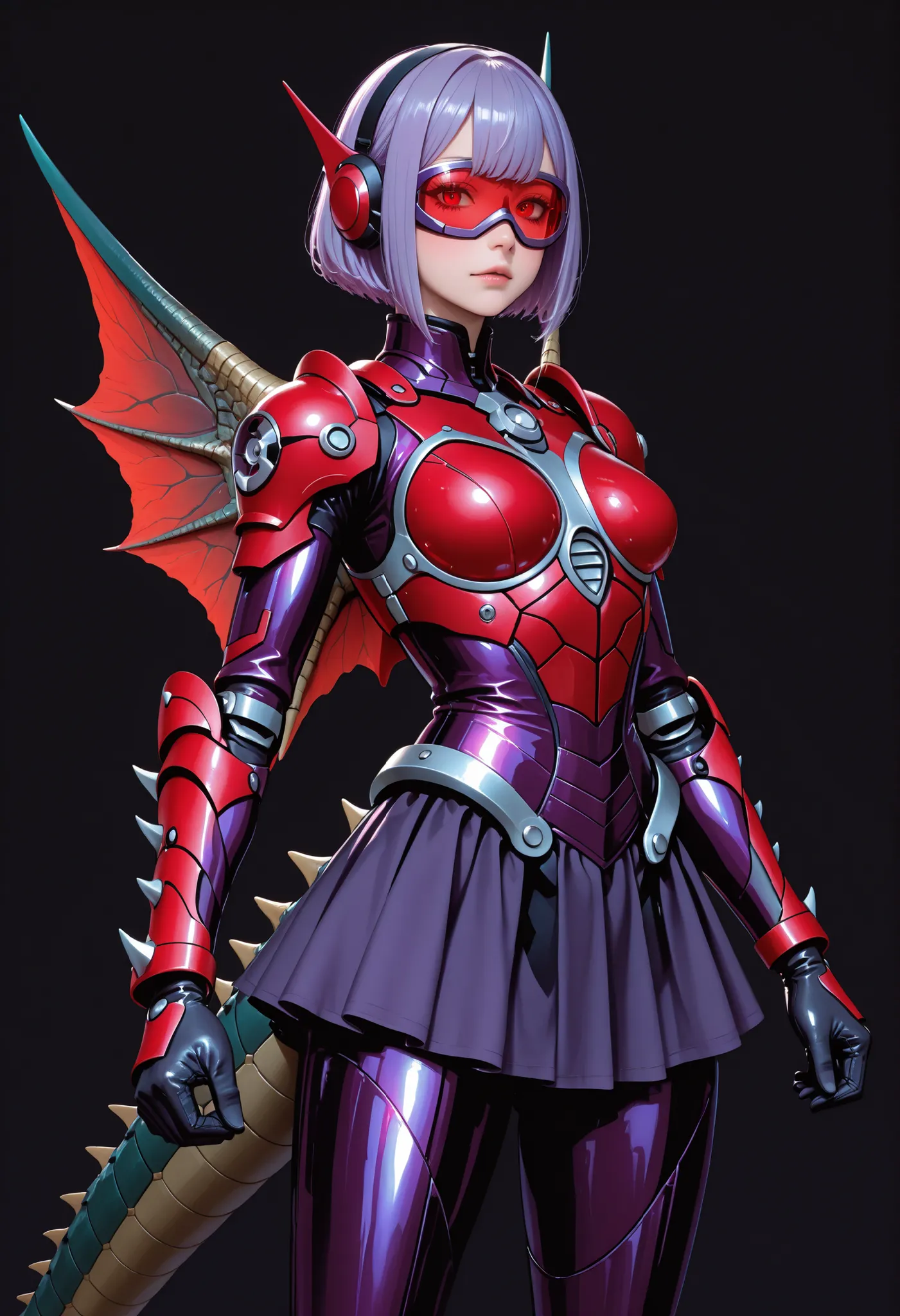 Gigan Girl. Purple hair. Short hair. Red bangs. Sharp eyes. Red cyber goggles. Purple metallic bodysuit. Cyber ​​bodysuit. Skirt armor. Blade arms. Tail. Curved waist. Blades. Red fin-shaped wings.
