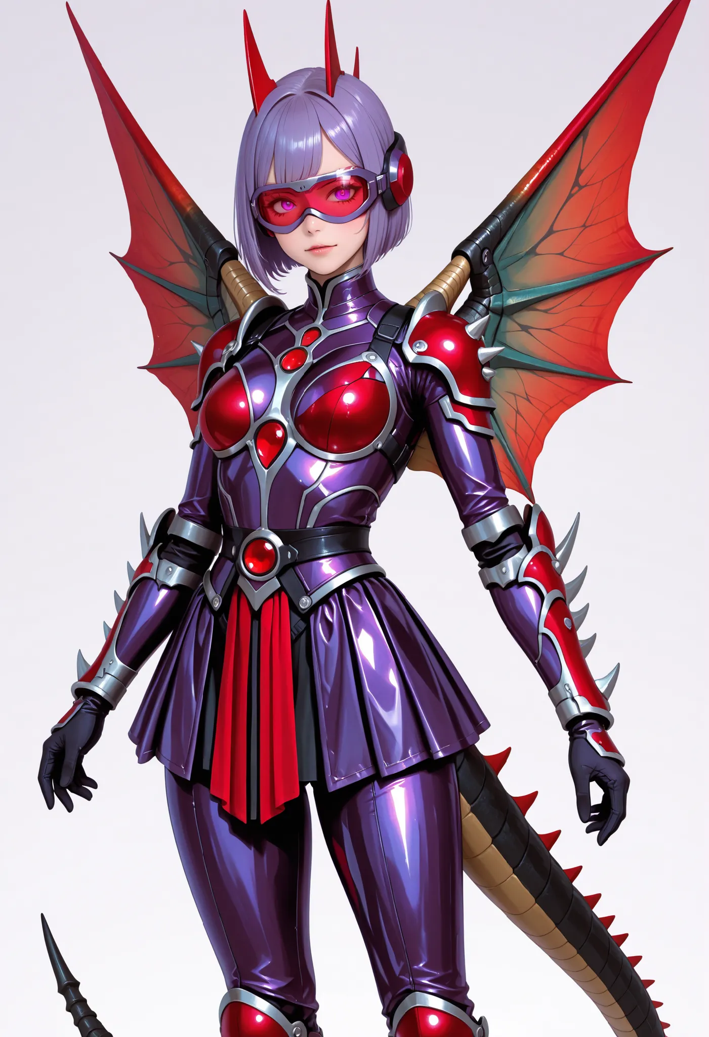 Gigan Girl. Purple hair. Short hair. Red bangs. Sharp eyes. Red cyber goggles. Purple metallic bodysuit. Cyber ​​bodysuit. Skirt armor. Blade arms. Tail. Curved waist. Blades. Red fin-shaped wings.