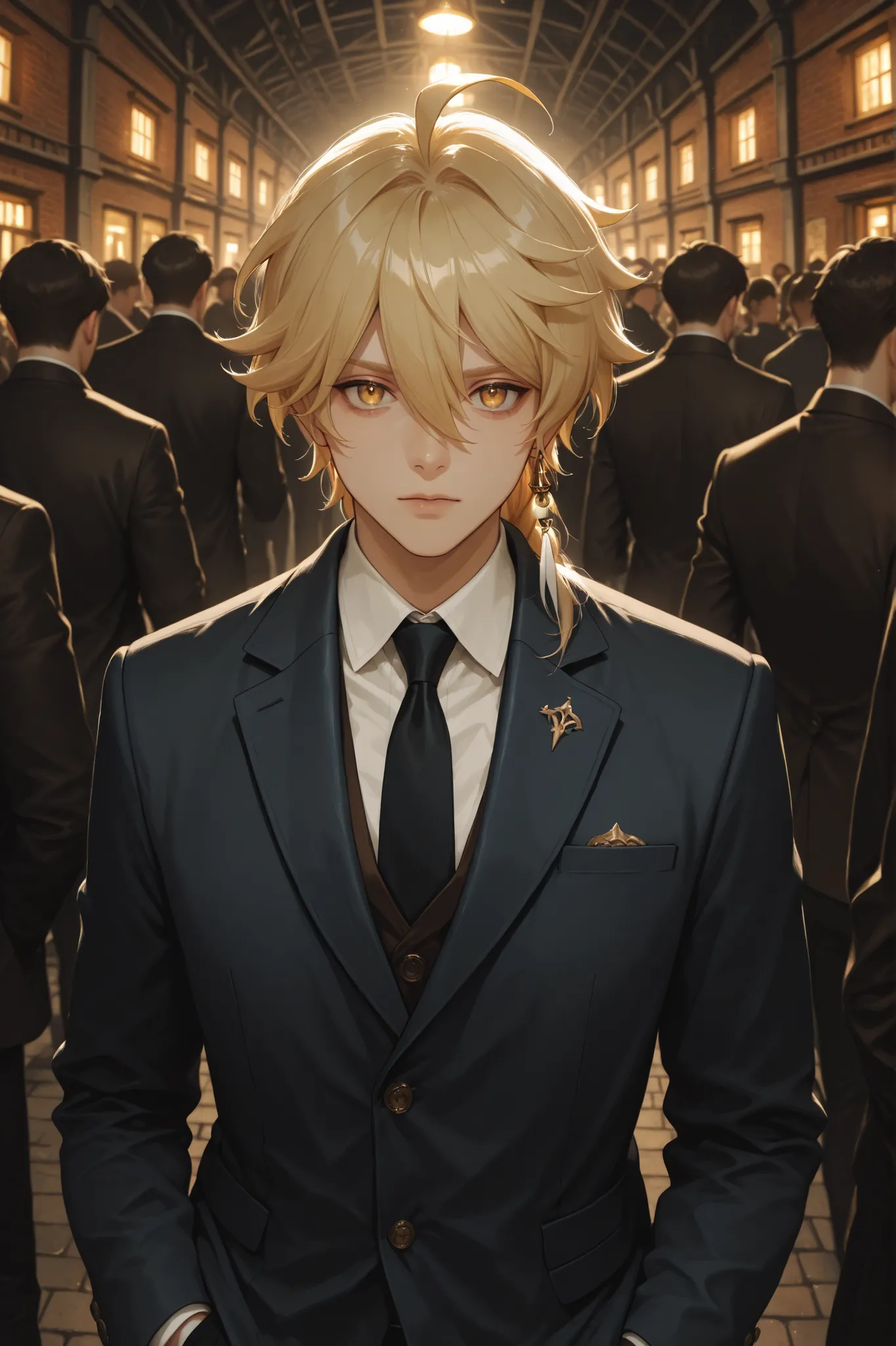 (Masterpiece, absurdres, newest, topquality) 1boy, solo, aether,yellow eyes, blonde hair, long hair, ahoge, hair between eyes,braid, single braid, Cinematic overhead shot, standing still a brick city sidesalk, wearing a dark oversized blazer, Motion-blurre...