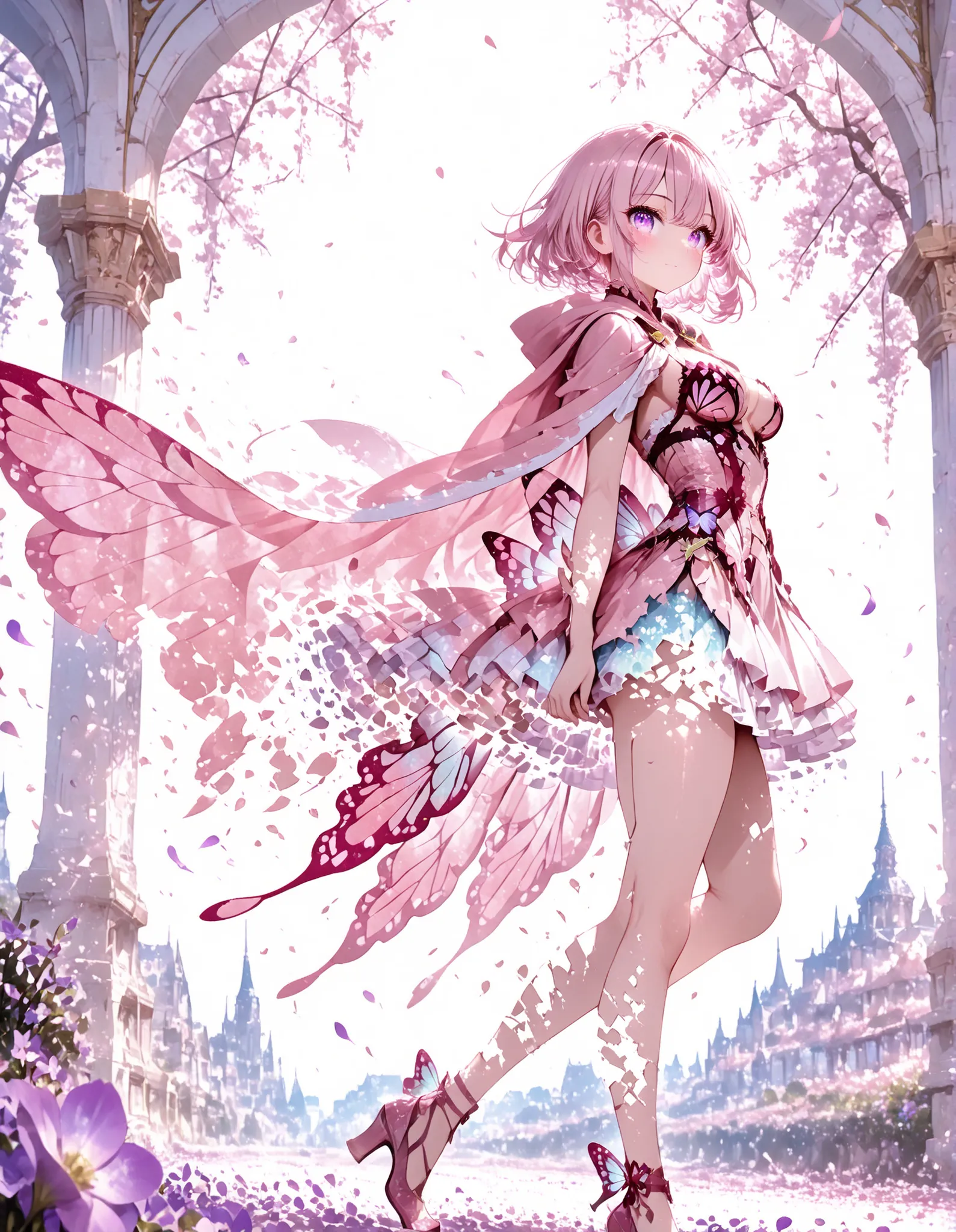 1 girl, violet eyes, light pink hair, short hair, cool, beautiful, medium breast, very cute, lovely, kawaii, 
Wearing a very long cape, Cape with long sash, cape pink and red, cape blows backwards and dissolves into petals, focus on the cape, side view, ru...