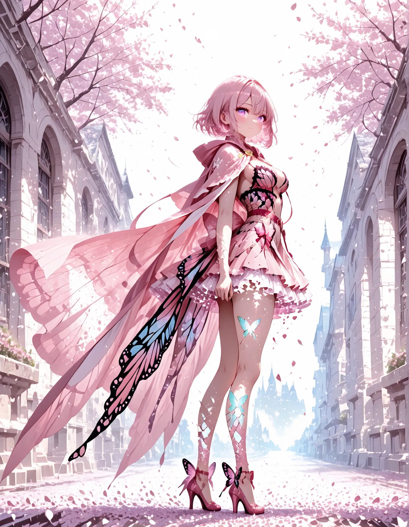 1 girl, violet eyes, light pink hair, short hair, cool, beautiful, medium breast, very cute, lovely, kawaii, 
Wearing a very long cape, Cape with long sash, cape pink and red, cape blows backwards and dissolves into petals, focus on the cape, side view, ru...