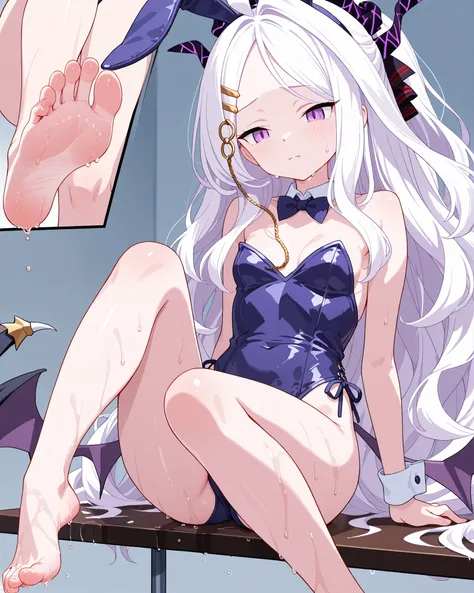 Sexy Girl, Hina Sorasaki from Blue Archive,  with white hair ,  purple eyes , Small breasts, show feet,    perfect feet   , wet legs, a sad facial expression, perfect face details, beautiful eyes sensory, bunny cosplay