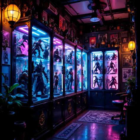 sharpness, extremely visible, poster style, Ultra-detailed anime figure collection room, full of dynamic action statues in battle poses, glowing RGB lights reflecting on transparent display cases, cyberpunk neon ambiance, intricate sci-fi and fantasy desig...
