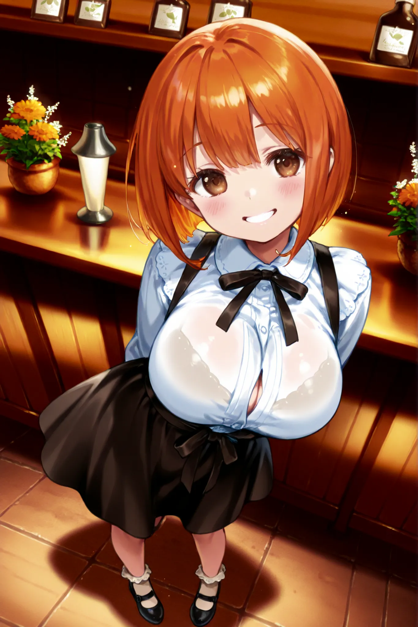 orange bob hair、brown eyes without goods、petite、young、Big Breasts、Full Body、One person、Smiling、かわいいFloristの店員、Florist、across the counter、front、high quality、4K、8K、high resolution、masterpiece、Super Detailed、Studio Lighting、extreme detail、professional、vivid c...