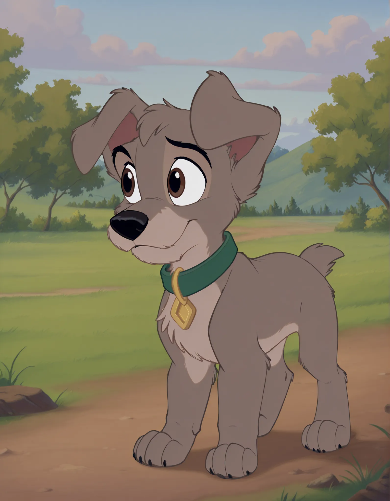 scampdog, no humans, two tone fur, dog, body fur, grey fur, solo, collar, animal focus, brown eyes, animal, outdoors, full body