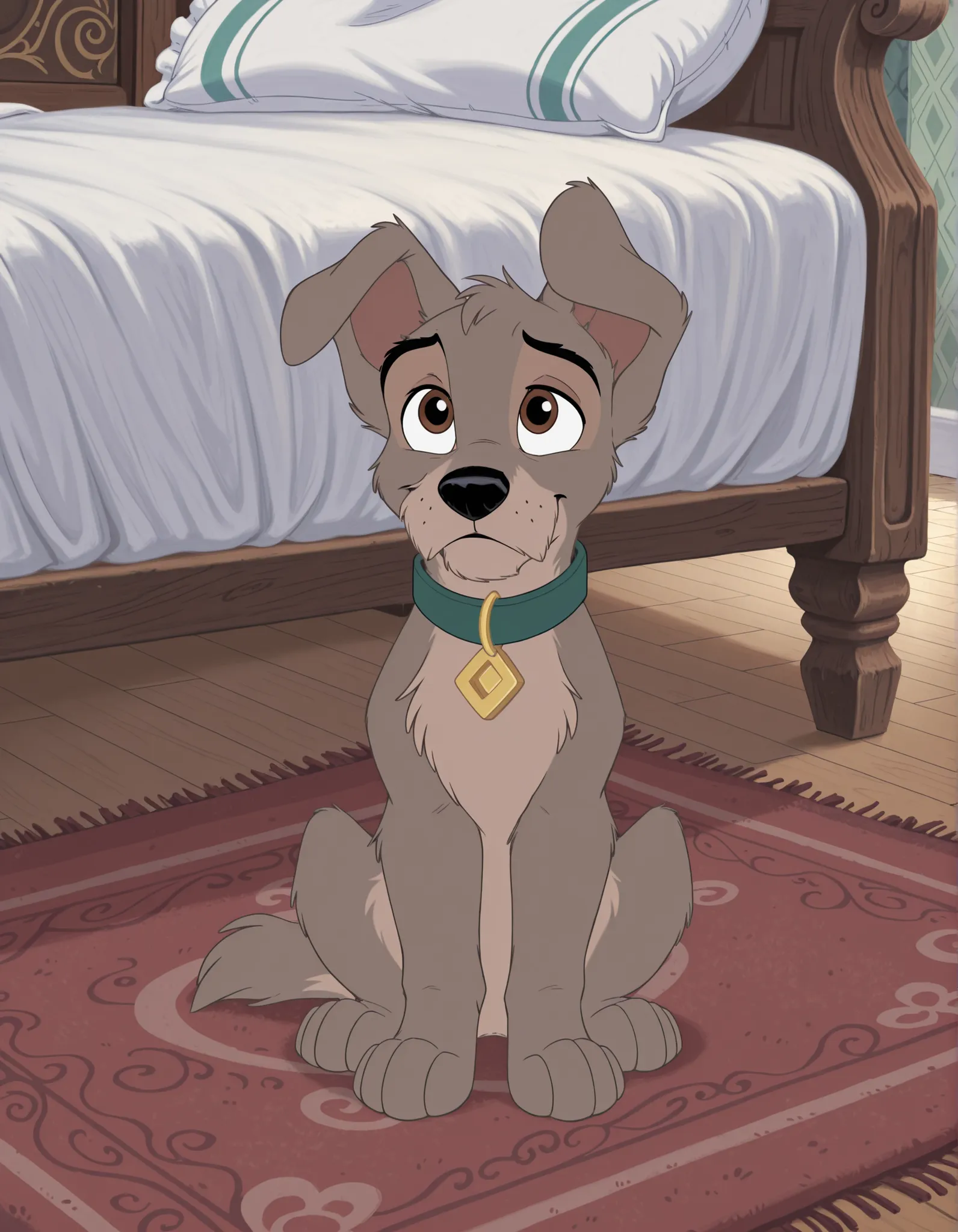 (masterpiece), (best quality), (ultra-detailed), amazing quality, very aesthetic, perfect composition,  absurdres, incredibly absurdres,   scampdog, solo, brown eyes, sitting, indoors, collar, pillow, no humans, animal, wooden floor, animal focus, animaliz...