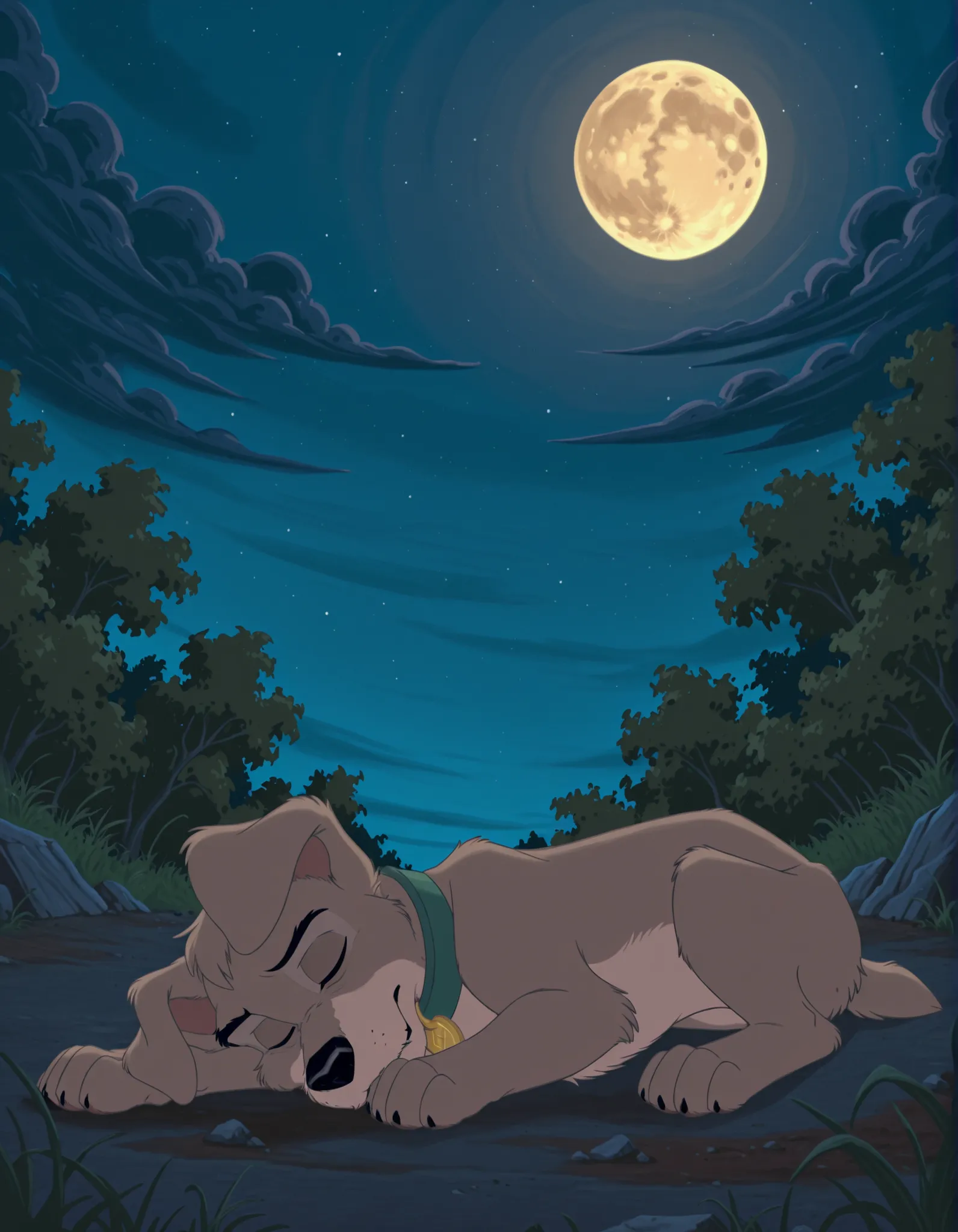 score_9, score_8_up, score_7_up, BREAK, scampdog, no humans, two tone fur, dog, body fur, grey fur, solo, collar, animal focus, animal, outdoors, full body, night, moon, laying down, closed eyes, sleeping, puppy,