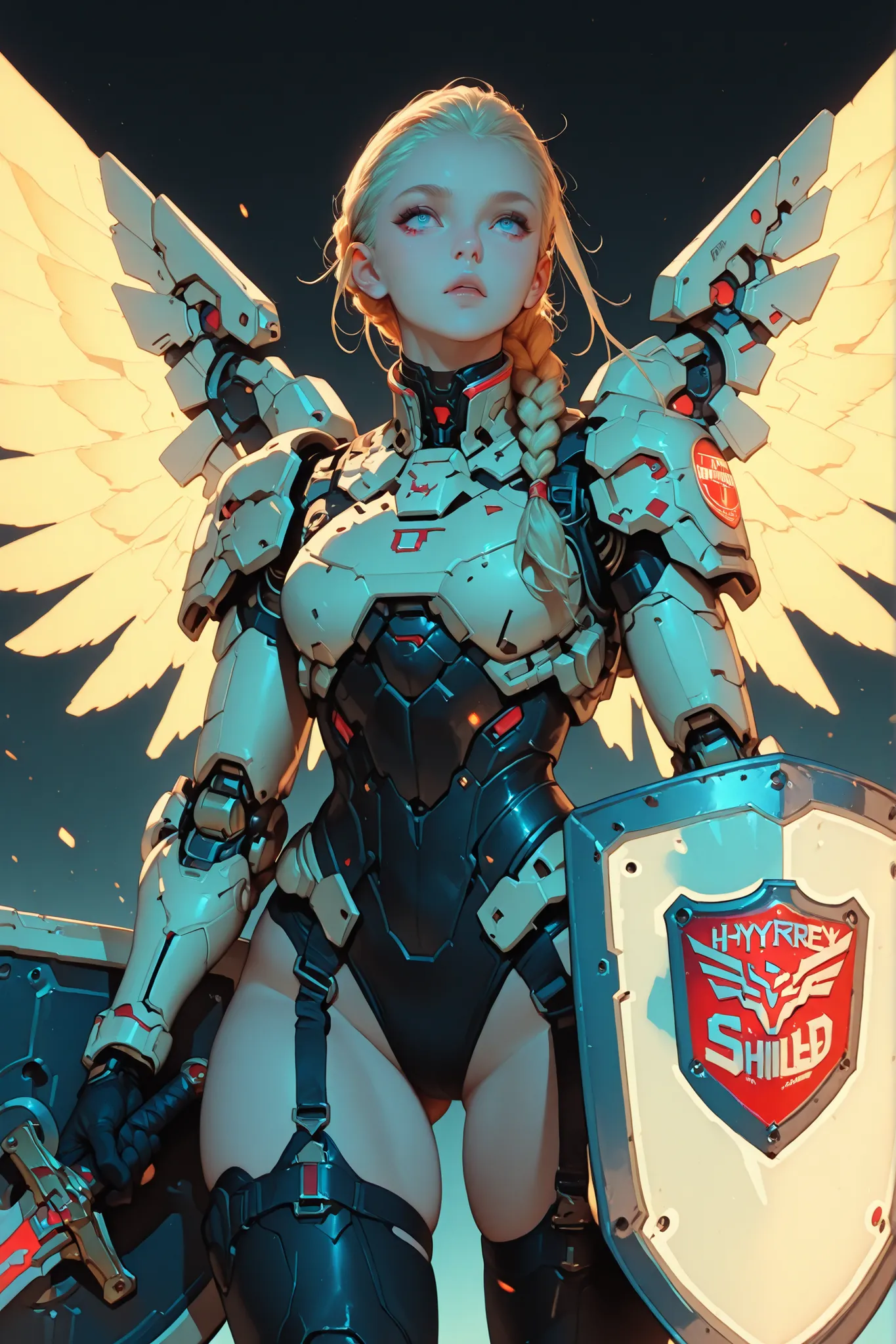 beautiful hot valkyrie with 1 long blonde hair (braided) in full black hyperrealist & hyperdetalied cyberpunk combat armor battle, mechanichal wings, sword & gran (((shield)))