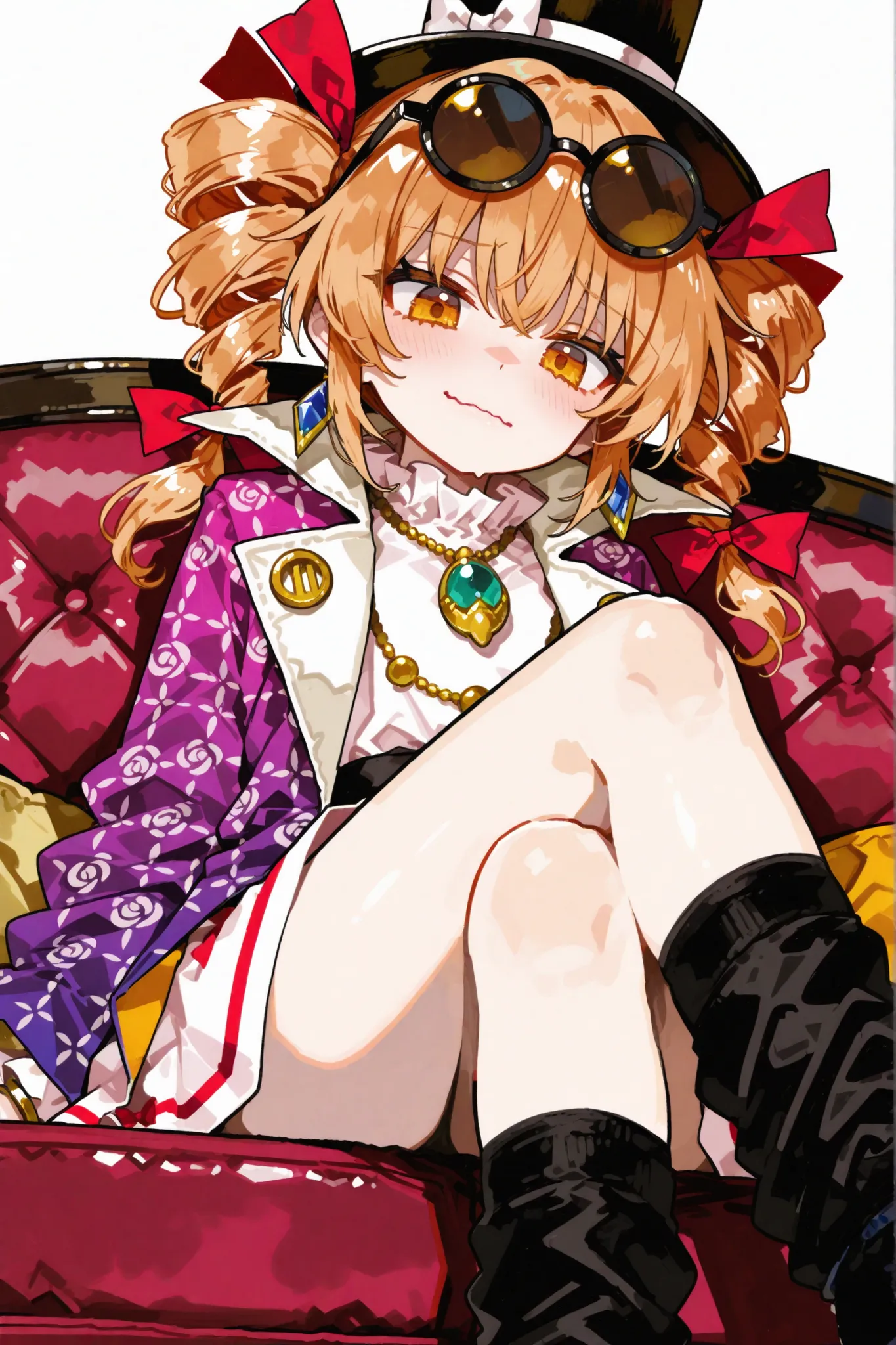 1girl, yorigami jo'on (touhou), orange eyes, orange hair, top hat, drill hair, twin drills, white dress, purple coat, jewelry, pendant, sunglasses,(super loose socks:1.6),(no toes,no soles,no barefoot:0),(leg focus:1),(wavy mouth:1.6),(black socks:2),(look...