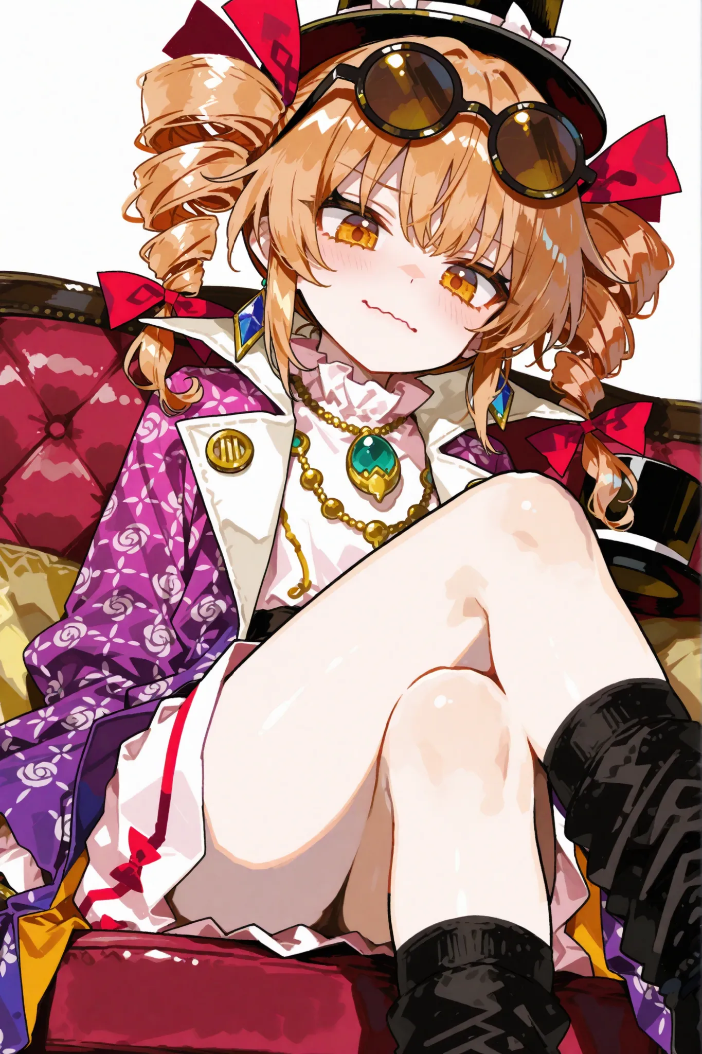 1girl, yorigami jo'on (touhou), orange eyes, orange hair, top hat, drill hair, twin drills, white dress, purple coat, jewelry, pendant, sunglasses,(super loose socks:1.6),(no toes,no soles,no barefoot:0),(leg focus:1),(wavy mouth:1.6),(black socks:2),(look...