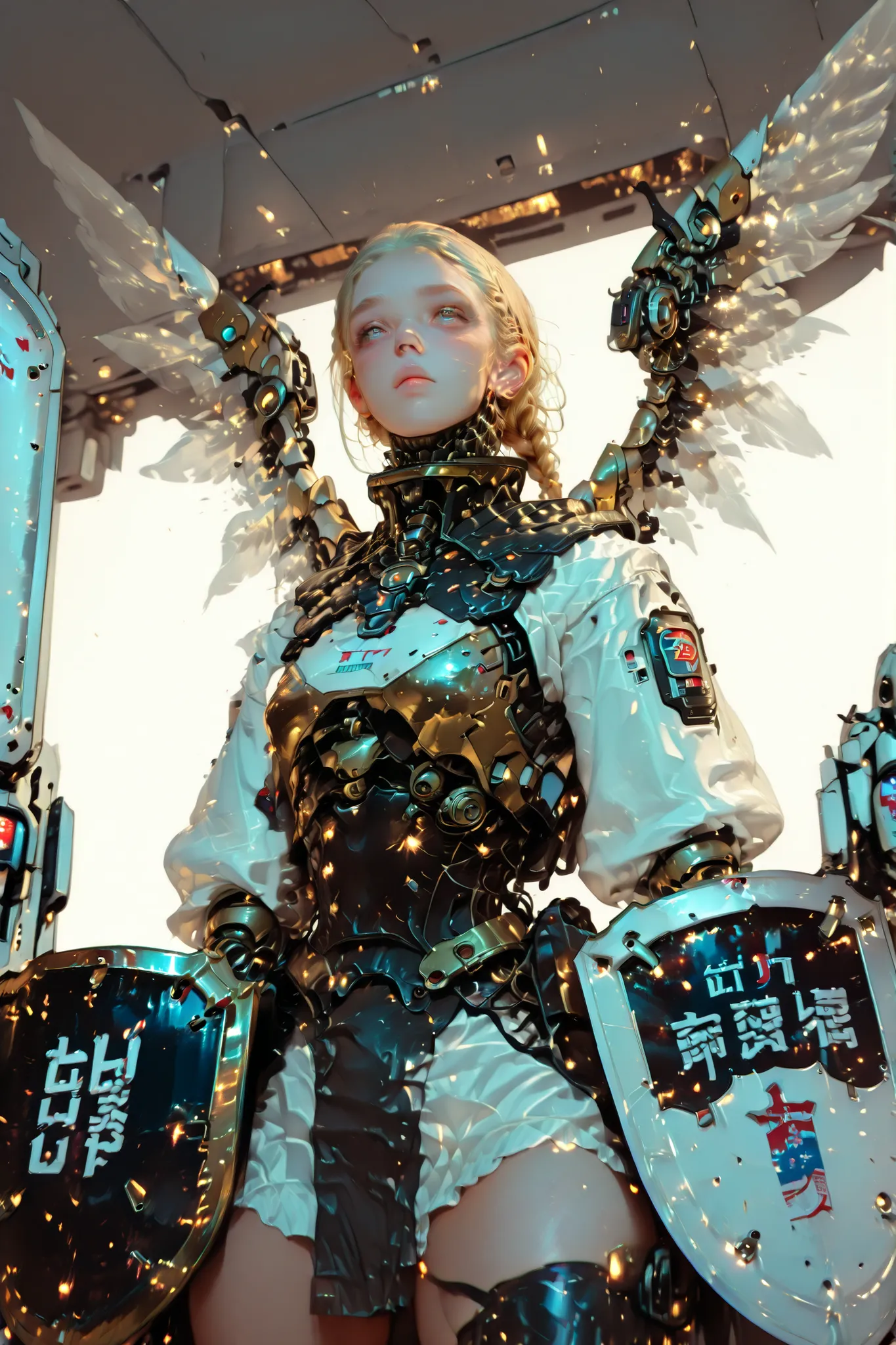 beautiful hot valkyrie with 1 long blonde hair (braided) in full blacked hyperrealist & hyperdetalied cyberpunk combat armor battle, mechanichal wings, sword & gran (((shield)))