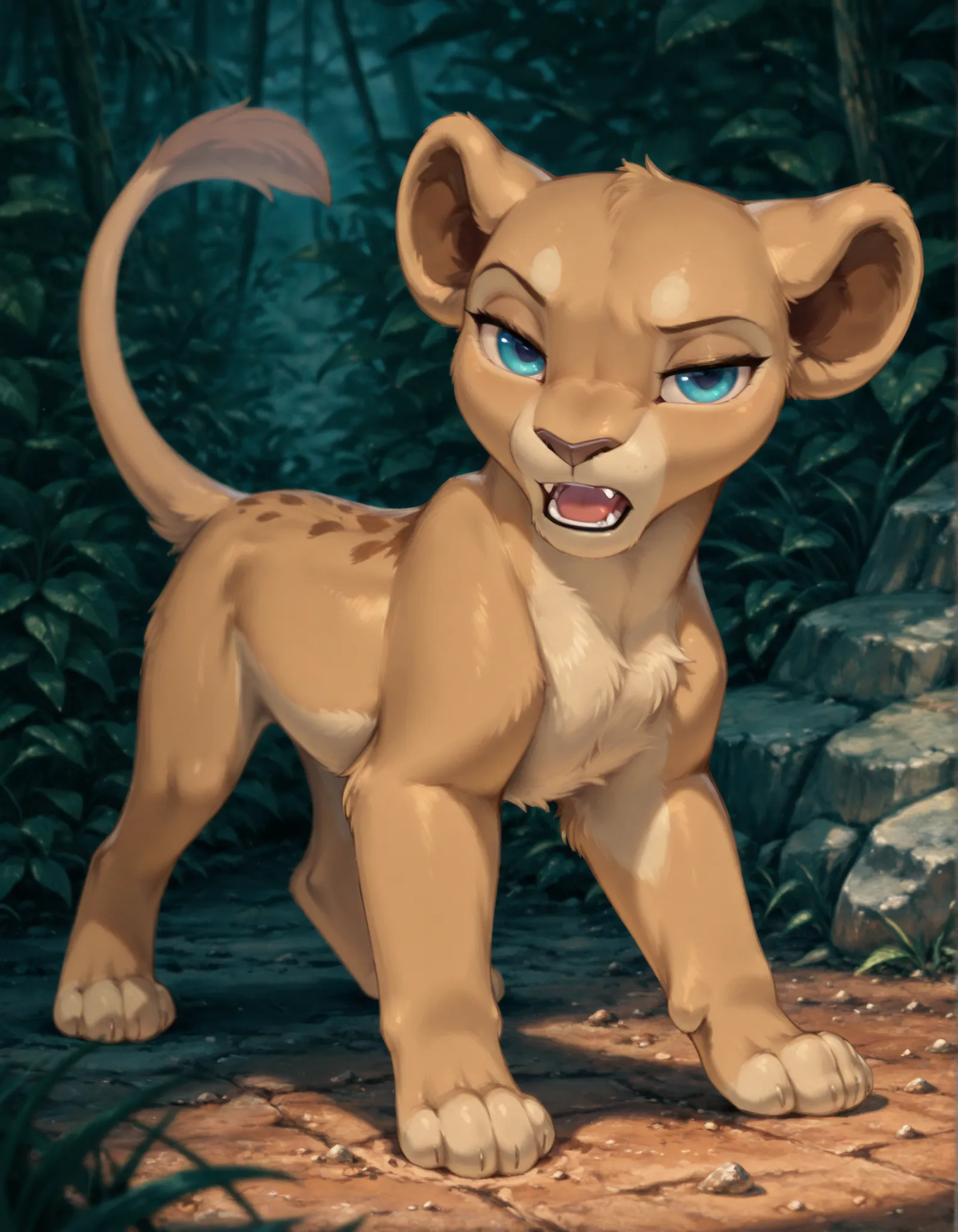 furry, lioness, young female, (young nala), standing, solo, feral, (4 toes), weak paw, blue eyes, (lidded eyes:1.0), cub, (smile:0.3), open mouth, fang, white teeth, playful, looking at viewer, (dewclaw:0.5), 