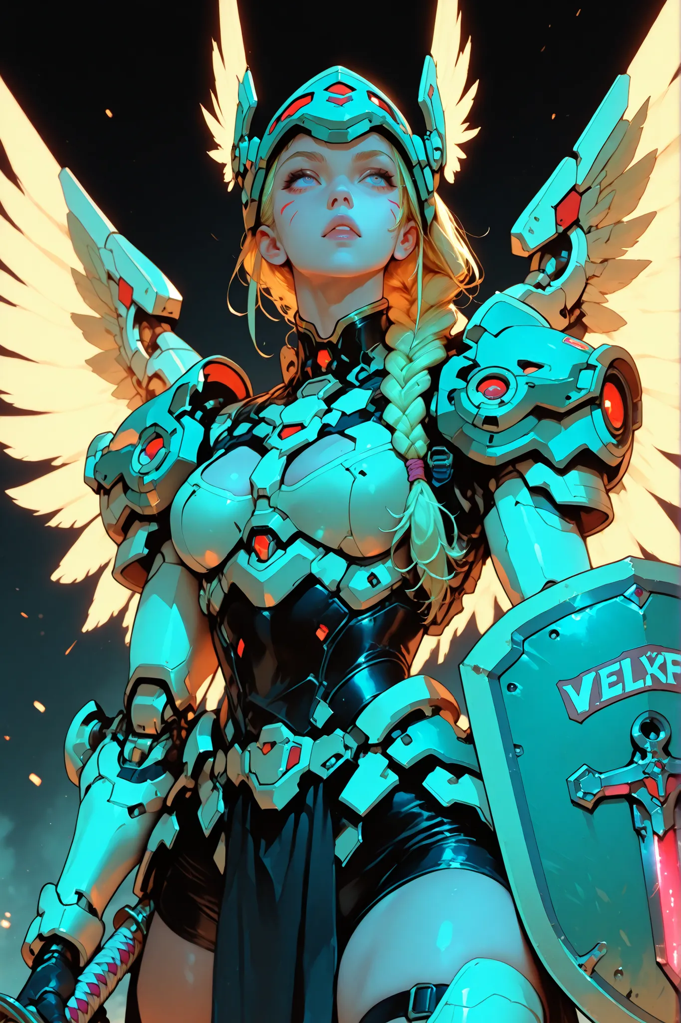 beautiful cute hot valkyrie, big with 1 long blonde hair (braided) in full blacked hyperrealist & hyperdetalied cyberpunk combat armor battle, mechanichal wings, (((sword))) & gran (((shield)))