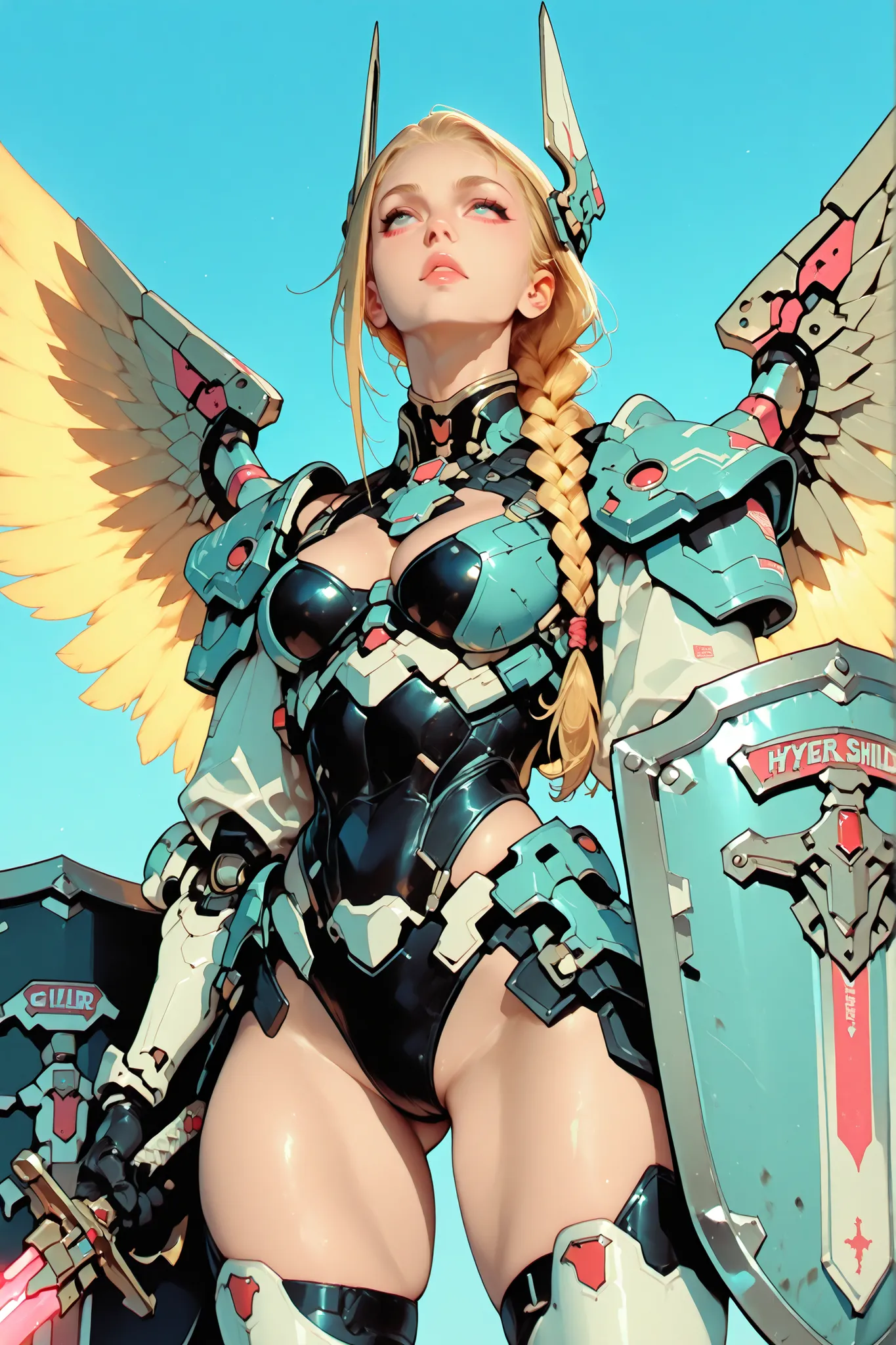beautiful cute hot valkyrie, big with 1 long blonde hair (braided) in full blacked hyperrealist & hyperdetalied cyberpunk combat armor battle, mechanichal wings, (((sword))) & gran (((shield)))