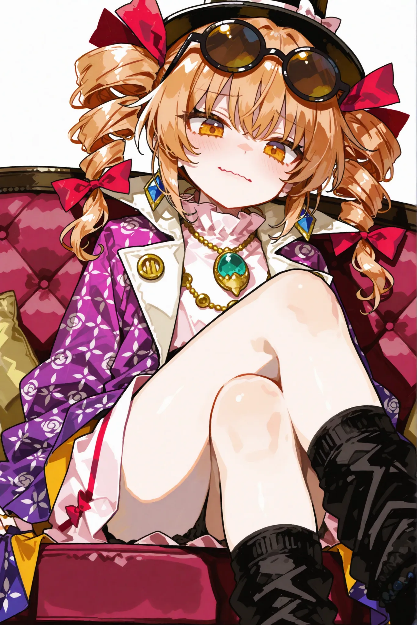 1girl, yorigami jo'on (touhou), orange eyes, orange hair, top hat, drill hair, twin drills, white dress, purple coat, jewelry, pendant, sunglasses,(super loose socks:1.6),(no toes,no soles,no barefoot:0),(leg focus:1),(wavy mouth:1.6),(black socks:2),(look...