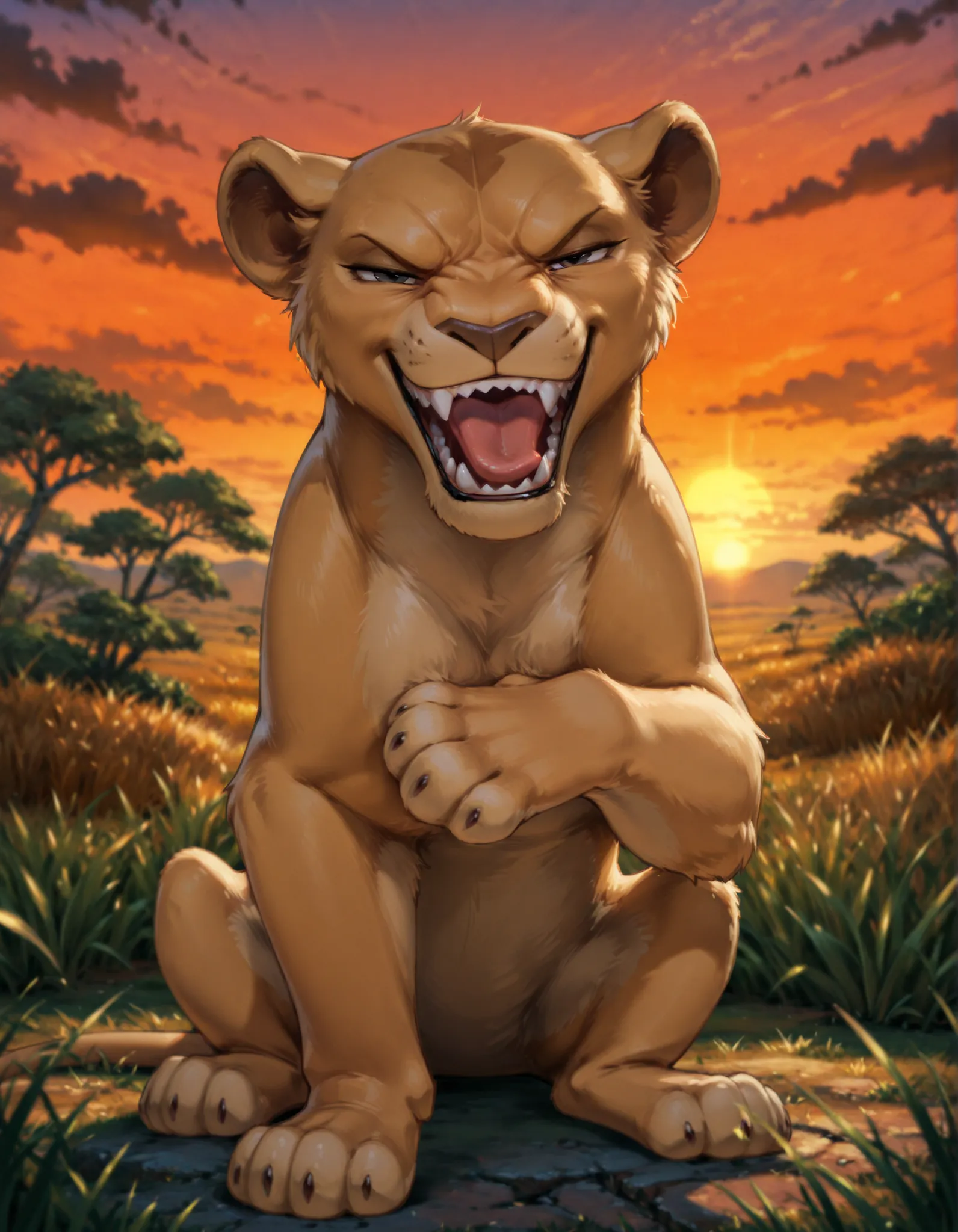 solo, Lioness, Feral, all fours, smile, open mouth, tongue, sharp teeth, grin, (looking at viewer, sitting, africa, sunset, grass, front view, detailed background, upper body, narrowed eyes, 4 fingers, paws, hand on own chest, angry