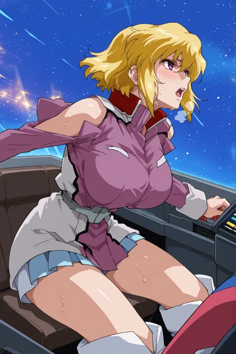 score_9,score_8_up,score_7_up,score_6_up,score_5_up,score_4_up,anime coloring,source_anime,anime screencap,stella,1girl,solo,purple eyes,blonde hair,short hair, pink jacket,shoulder cutout,blue one-piece,thigh boots,portrait, solo, be shy of, blush, huge b...