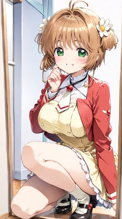 (masterpiece, top quality:1.5), 1girl, solo,  Kinomoto Sakura(Cardcaptor Sakura)、20yo, portrait, cute yellow clothes, red jackets, Smiling, short hair, Full Body, Slightly Super Big Breasts, flower hair accessories, kyun kyun, It's absolutely fine, Miller ...