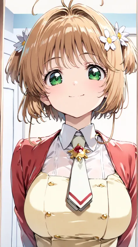 (masterpiece, top quality:1.5), 1girl, solo,  Kinomoto Sakura(Cardcaptor Sakura)、20yo, portrait, cute yellow clothes, red jackets, Smiling, short hair, Full Body, Slightly Super Big Breasts, flower hair accessories, kyun kyun, It's absolutely fine, Miller ...