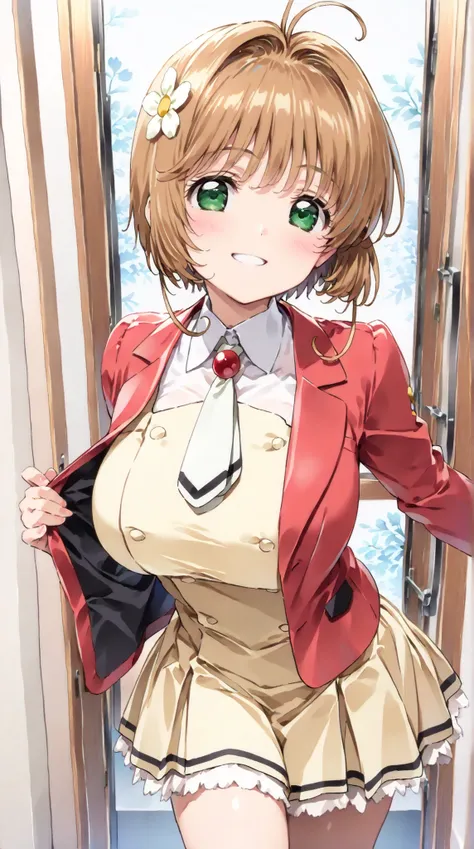 (masterpiece, top quality:1.5), 1girl, solo,  Kinomoto Sakura(Cardcaptor Sakura)、20yo, portrait, cute yellow clothes, red jacket, Smiling, short hair, Full Body, Slightly Super Big Breasts, flower hair accessories, kyun kyun, It's absolutely fine, Miller M...