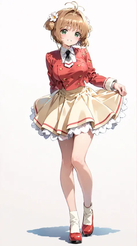 (masterpiece, top quality:1.5), 1girl, solo,  Kinomoto Sakura(Cardcaptor Sakura)、20yo, portrait, cute yellow clothes, red jackets, Smiling, short hair, Full Body, Slightly Super Big Breasts, flower hair accessories, kyun kyun, It's absolutely fine, Miller ...