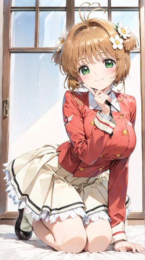 (masterpiece, top quality:1.5), 1girl, solo,  Kinomoto Sakura(Cardcaptor Sakura)、20yo, portrait, cute yellow clothes, red jacket, Smiling, short hair, Full Body, Slightly Super Big Breasts, flower hair accessories, kyun kyun, It's absolutely fine, 