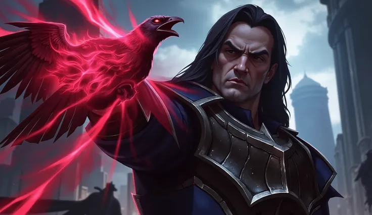 Swain (League of Legends), 1man, solo, older man, intense expression, focused gaze, dark hair, glowing crimson demonic left eye, extending his demonic red energy left arm forward, casting dark shadow magic, spectral raven forms swirling from his hand and a...