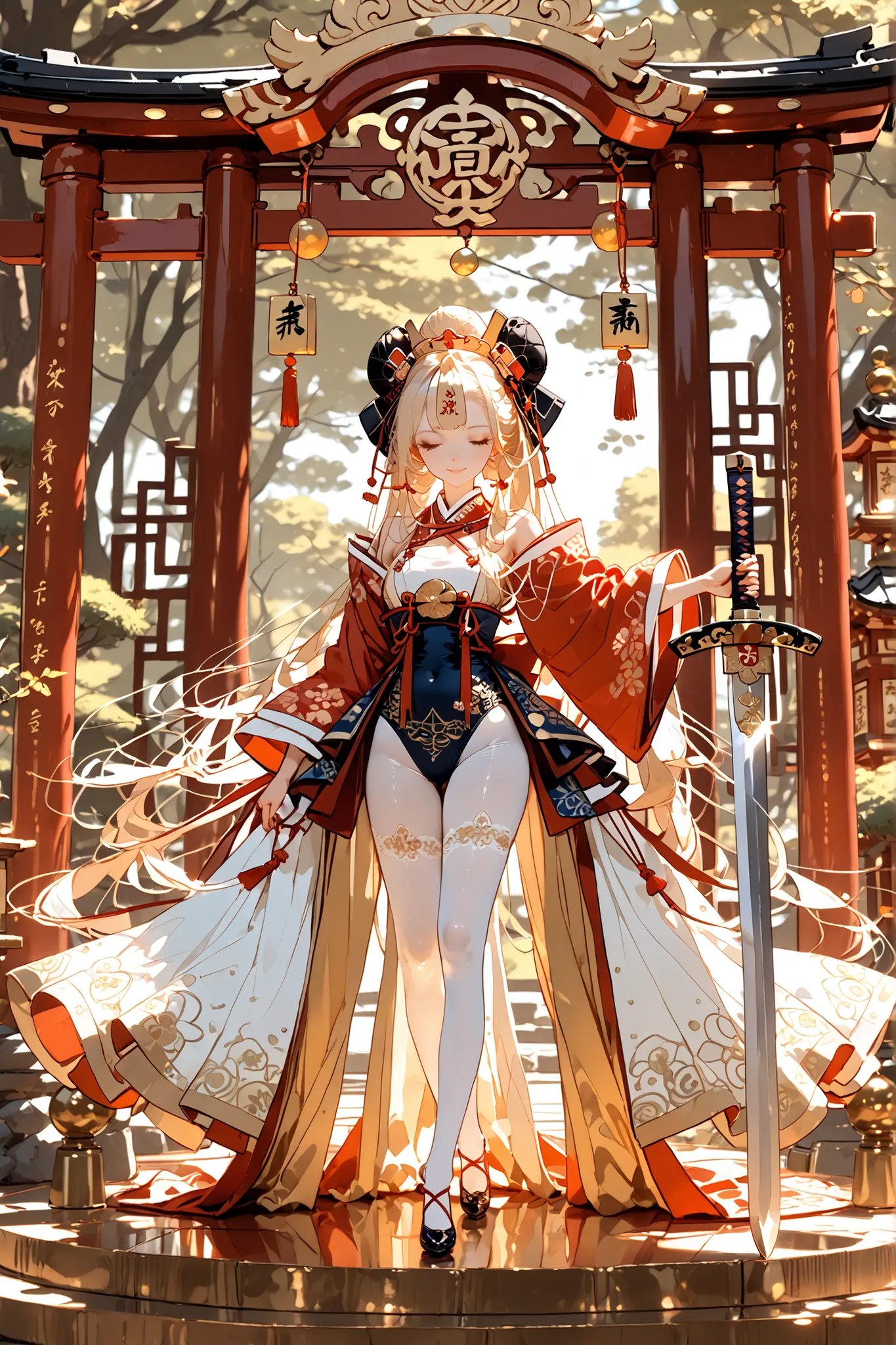  lovely samurai swordplay photo in a lovely shrine ,He shyly holds a huge sword of God in his hand,pantyhose神社金属フラクタル等尺図詳細生物発光ゴールデンレオタード,on live stage,bungs,full of surprises,elegant,Perfect Anatomy, blurred details appear blurred,cinematic light,(((cute a...