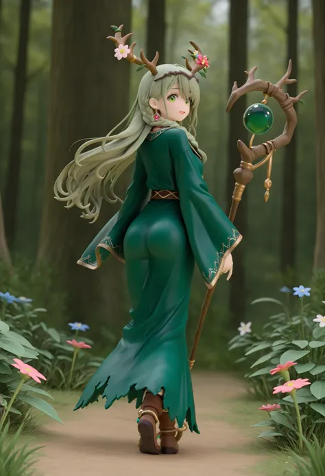 (masterpiece, high quality, high resolution, 4K, 8k, detail) 1girl,3D Figures, full body figure、looking over here with your butt、big 、(an enchanted long staff that made by plants have flower on the top:1.5)、happy、dark moss green hair, wavy long hair, braid...