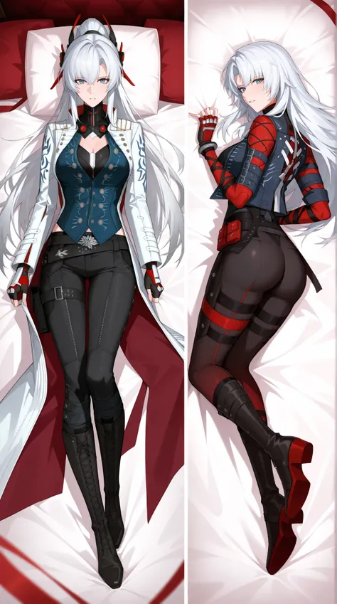 (pretty girl:1.3), 1 girl, (long hair, white with red gradient, bangs, eye hair), Lucia: Crimson Weave (punishing: gray raven), 
( Clothes: vergil Devil may cry 5, tattered edges of the raincoat, black pants, dark turtleneck , dark blue vest , black finger...