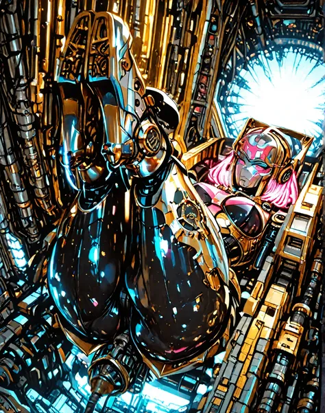 ( corpo inteiro) 
Female rabbit robot metallic yellow and pink, detalhado,  curvilinear and bulky , Planet of Futuristic War Machines, UHD, alta qualidade, claro, dramatic light, maquinaria complexa, shiny gears, metal polido, metal surfaces, aerodynamic d...