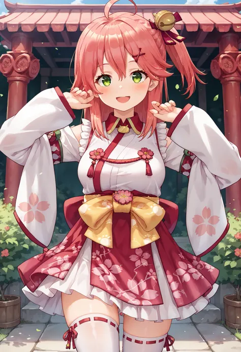 masterpiece, best quality, highres, miko1, sakura_miko, young__1girl, large_breasts, solo, ahoge, x_hair_ornament, light_red_hair,blush, floral print, hairclip,(side_less_clothes:1.5), (side_breasts:1.5), hair_bell, floral print, long_hair, hair between ey...