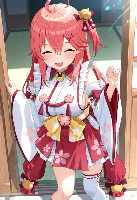 masterpiece, best quality, highres, miko1, sakura_miko, young_1teen_girl, large_breasts, solo, ahoge, x_hair_ornament, light_red_hair,blush, floral print, hairclip,(side_less_clothes:1.5), side_breasts, hair_bell, floral print, long_hair, hair between eyes...