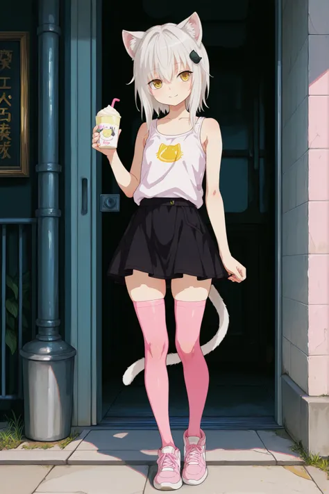 (masterpiece) ,full body,standing,best quality,amazing quality,very aesthetic,absurdres,newest, anime style,yellow eyes,Koneko Toujou,white hair, yellow eyes, short hair, cat tail,  cat hair ornament,cat ears,holding icecream,black skirt,white tanktop,pink...