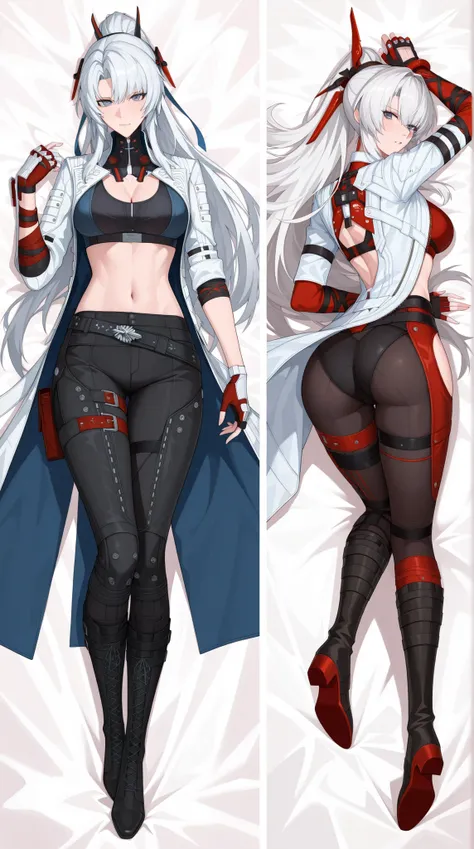 (pretty girl:1.3), 1 girl, (long hair, white with red gradient, bangs, eye hair), Lucia: Crimson Weave (punishing: gray raven), 
( Clothes: vergil Devil may cry 5, tattered edges of the raincoat, black pants, sports bra, black fingerless gloves,  knee leng...