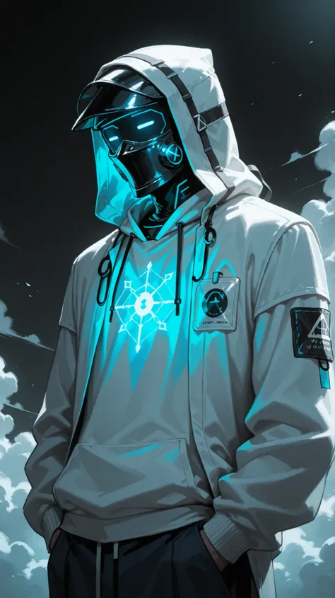 A cool and mysterious anime male character, resembling Arknights Doctor. He wears a light grey or white hoodie with prominent blue glowing geometric patterns on the chest and around his face/head. His hands are in his pockets. The background is dominated b...