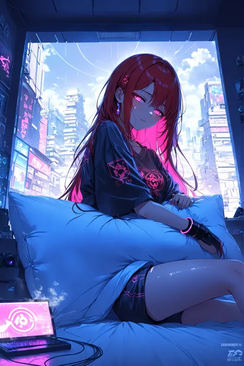 ((masterpiece)), ((RAW 4K)), ((anime-real fusion)), ((soft cinematic tone)), ((high detail)), ((realistic textures)), ((moody volumetric lighting)), ((warm cyberpunk ambiance)), ((bedroom scene))

A battle-worn female cyber samurai, now off-duty, is restin...