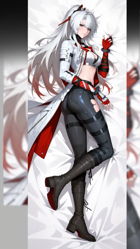 (pretty girl:1.3), 1 girl, (long hair, white with red gradient, bangs, eye hair), Lucia: Crimson Weave (punishing: gray raven), 
( Clothes: vergil Devil may cry 5, tattered edges of the raincoat, black pants, sports bra, black fingerless gloves,  knee leng...